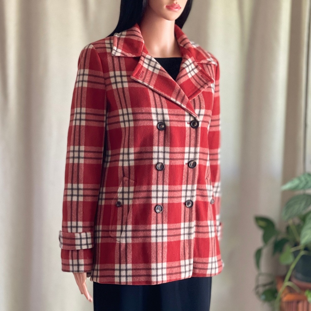 Vtg 90s Borgofiori Red Plaid Wool Cashmere Double Breasted Pea Coat Italy Size 4